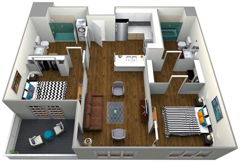 Floor plan for 2 beds, 2 baths, 844 sqft